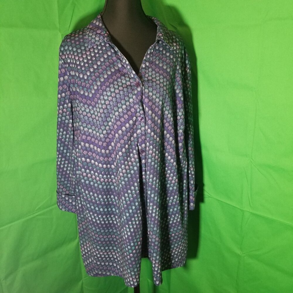 Catherines Womens 1X Blue Purple Button Up 3/4 Sleeve Top Office Boho Retro